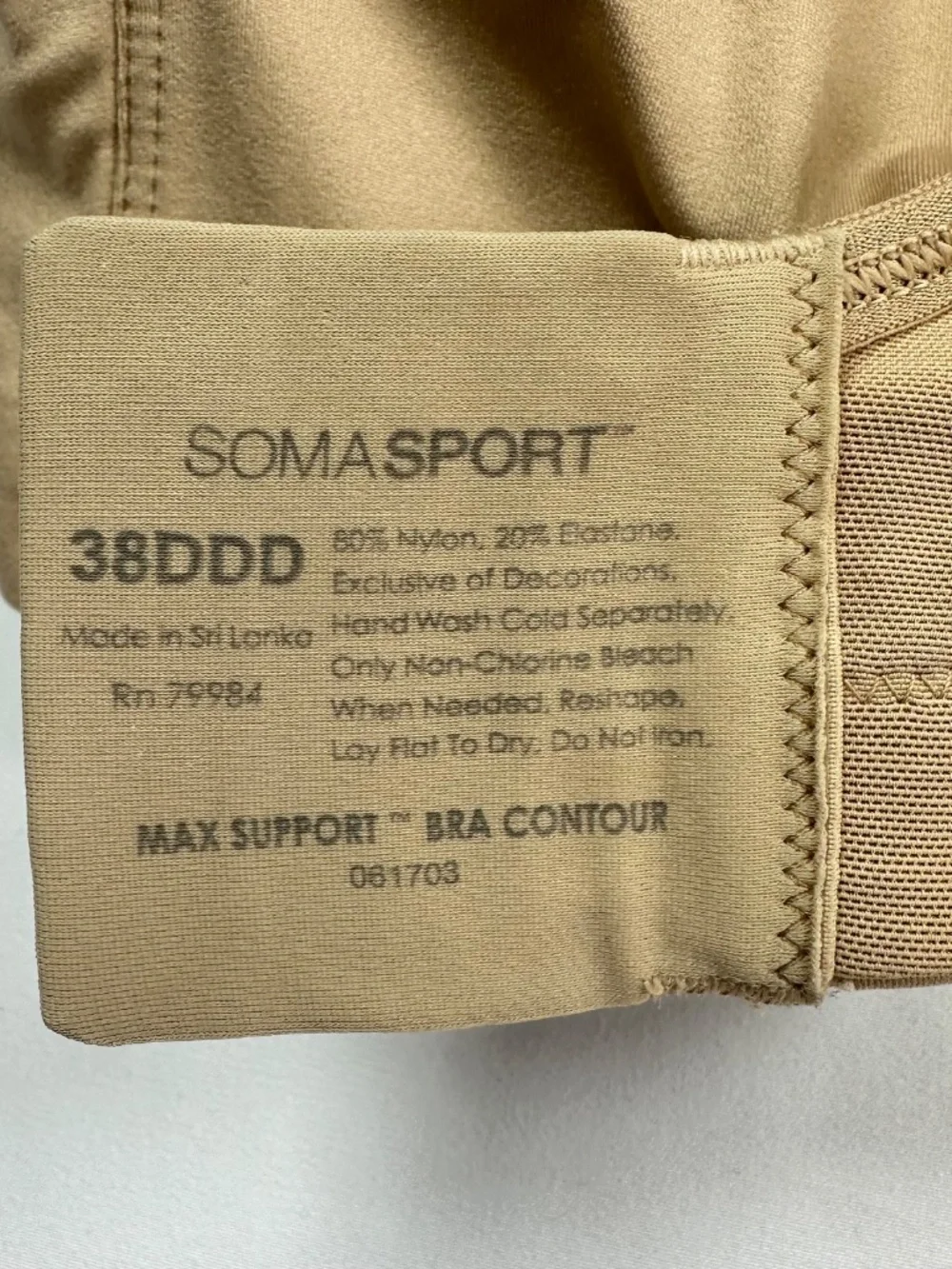 Soma Sport Underwire Bra, Beige, Max Support, Bra Contour, Size 38DDD